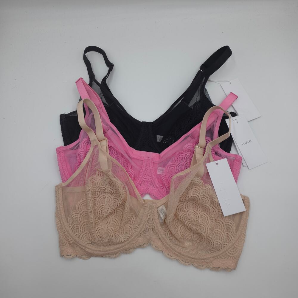 HSIA Bundle of Three Mermaid Scales Lace Unlined Bra Black Pink Beige Size 36G